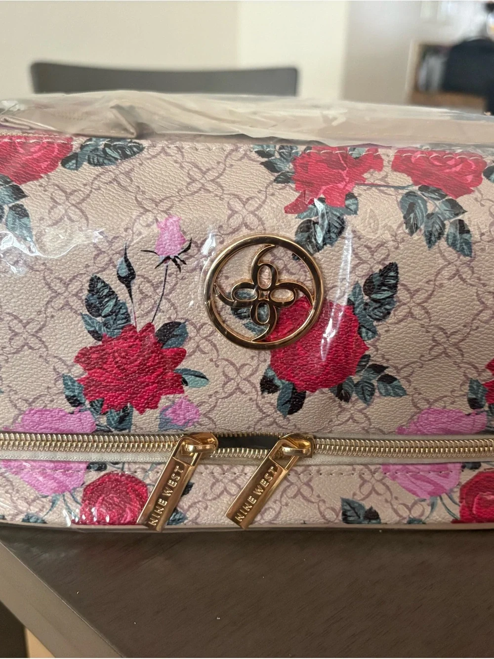 Nine West Pink and Beige Floral Cosmetic Pouch with Gold Hardware